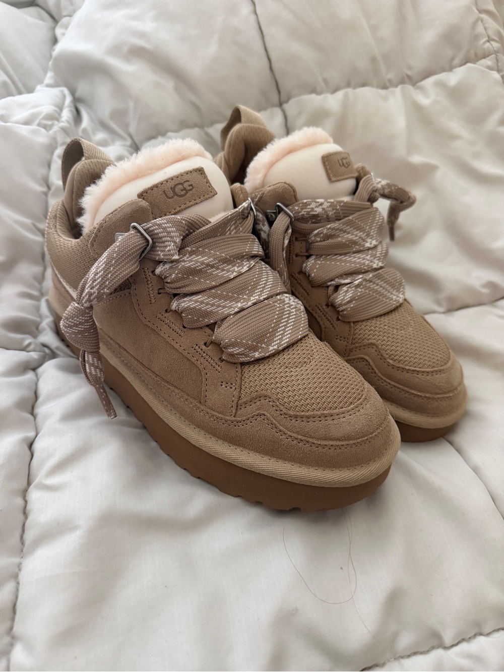 UGG Tan Platform Sneakers with Shearling Collar - Picture 1 of 5